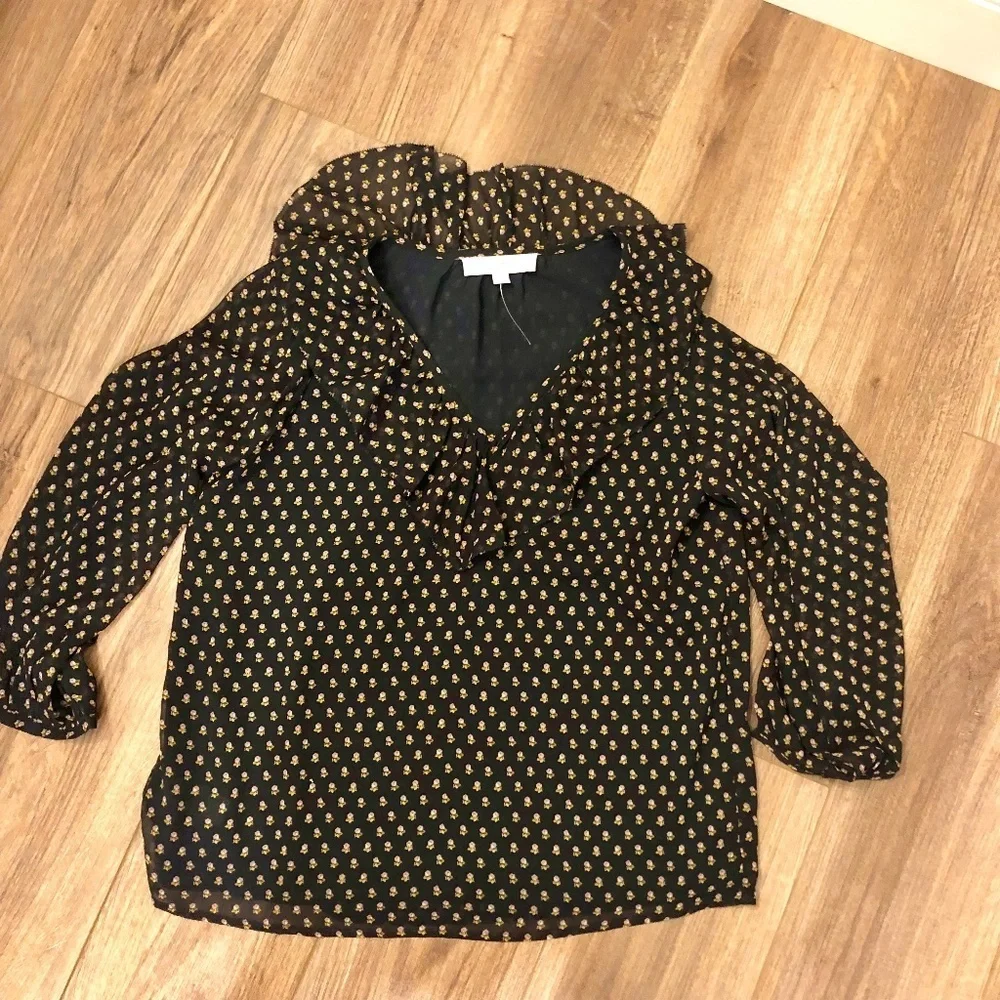 Ann Taylor Loft sheer 3/4 sleeve v neck ruffle shirt size small - Picture 2 of 5